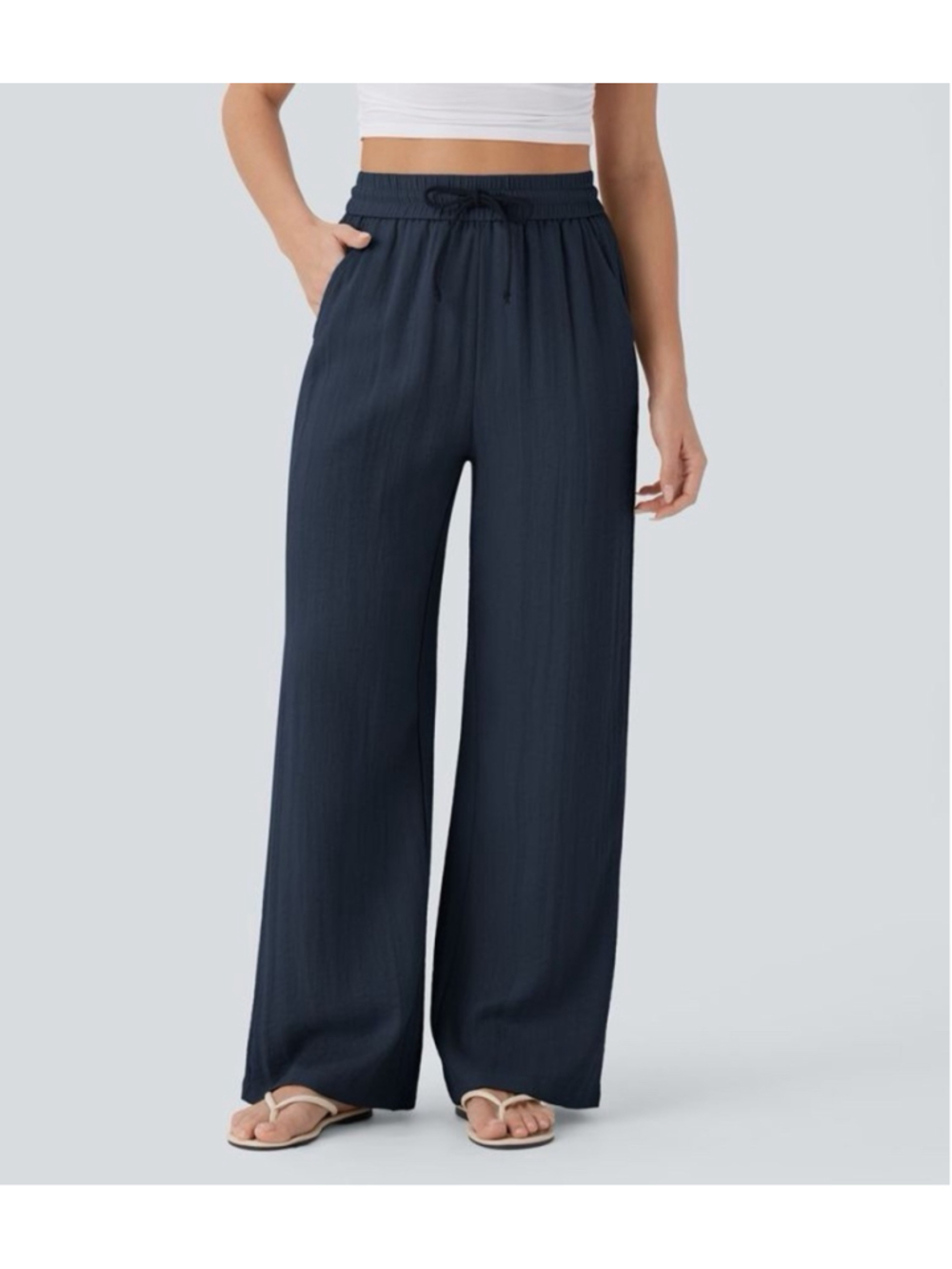 Halara High Waisted Linen-Feel Wide Leg Pants Blue L Regular NWT